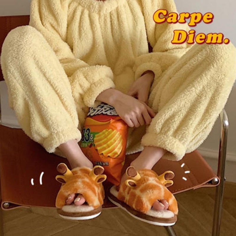 oft plush giraffe slippers with spotted pattern and 3D brown horns, fuzzy indoor footwear with PVC sole