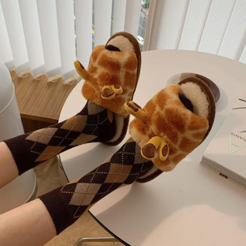 oft plush giraffe slippers with spotted pattern and 3D brown horns, fuzzy indoor footwear with PVC sole