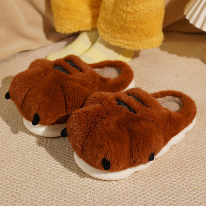 Cute brown tiger paw plush slippers with black stripes and claws, fuzzy animal paw indoor shoes with EVA sole