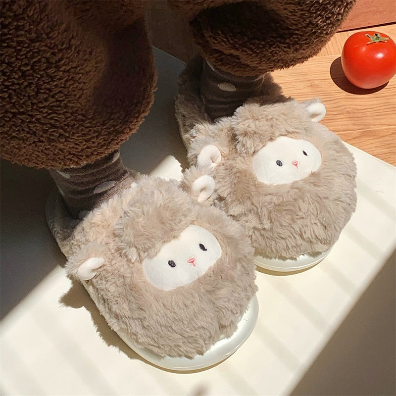 Khaki fluffy sheep character slippers featuring a tiny red nose and cute pink inner ears, cozy home shoes with EVA sole