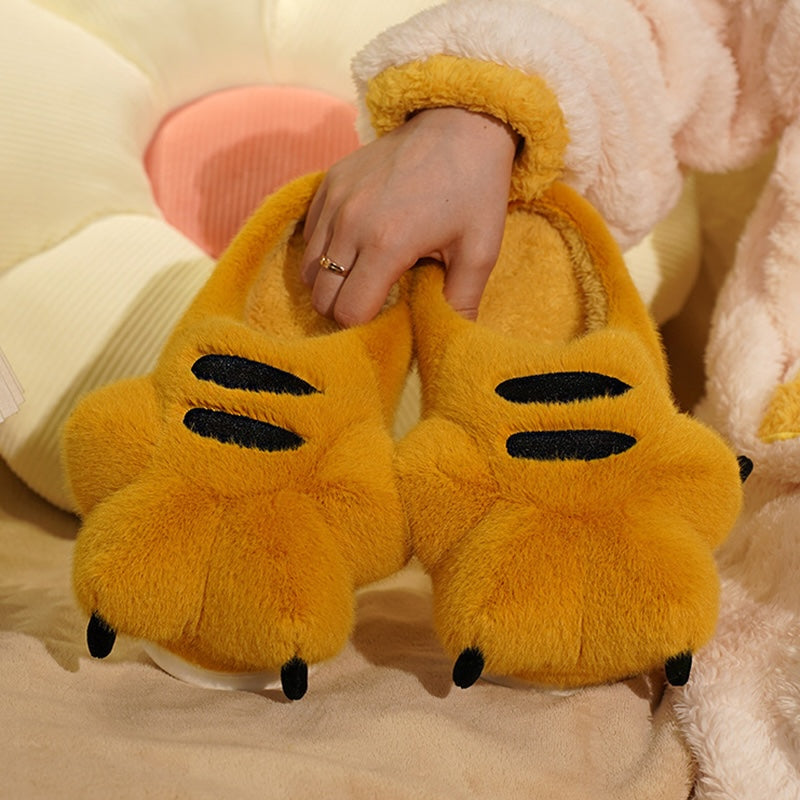 Cute yellow tiger paw plush slippers with black stripes and claws, fuzzy animal paw indoor shoes with EVA sole