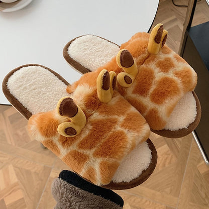 oft plush giraffe slippers with spotted pattern and 3D brown horns, fuzzy indoor footwear with PVC sole