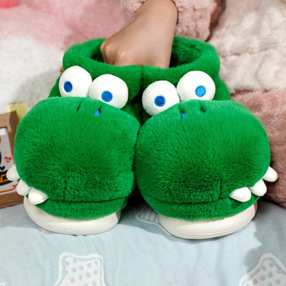 Green crocodile plush slippers with 3D eyes and white teeth, EVA sole