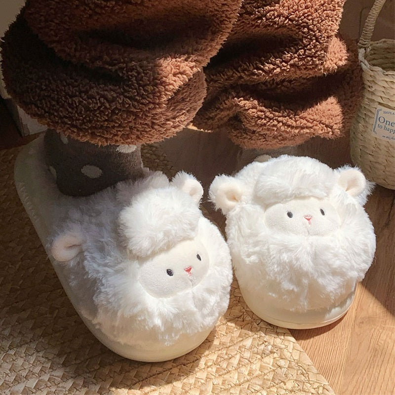 White long-fleece sheep plush slippers with pink-lined ears and black dot eyes, soft indoor footwear with EVA sole