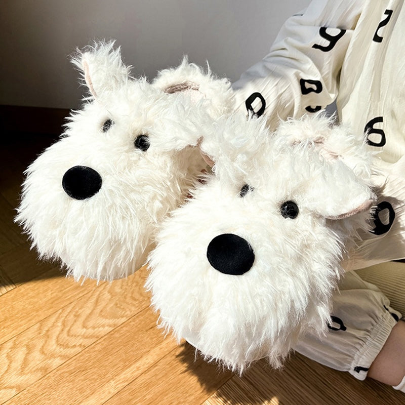 Cute white shaggy dog plush slippers with large black nose and dot eyes, fuzzy indoor shoes with EVA sole