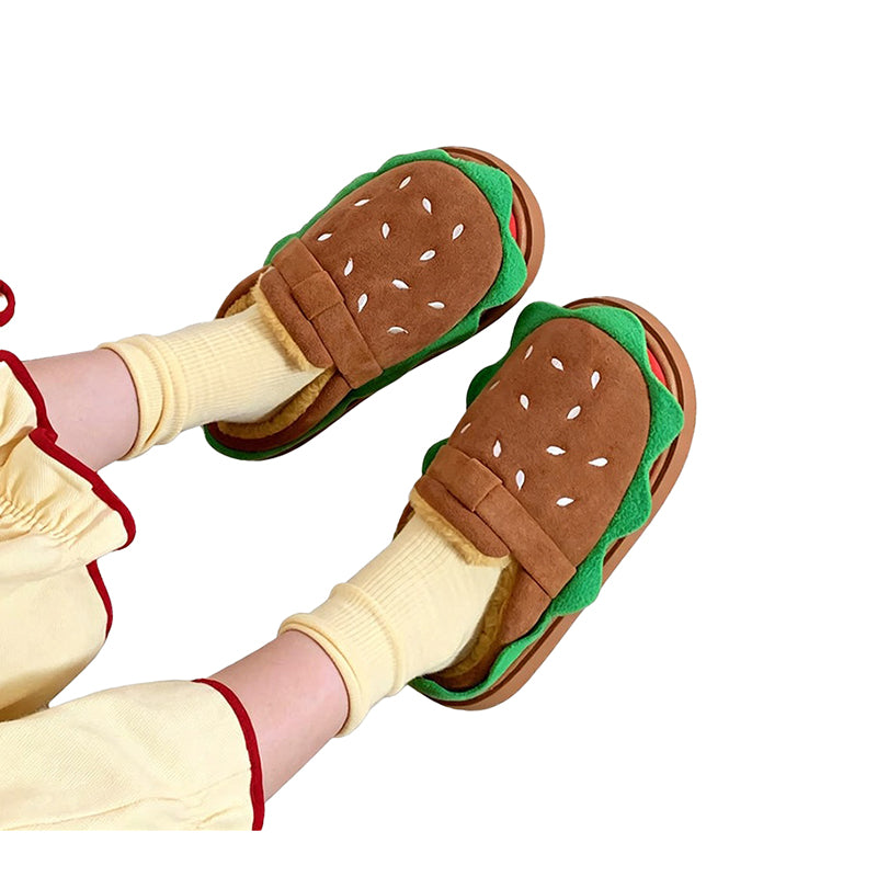 Cute brown burger design closed-back slippers with sesame bun and lettuce trim, plush indoor shoes with EVA sole