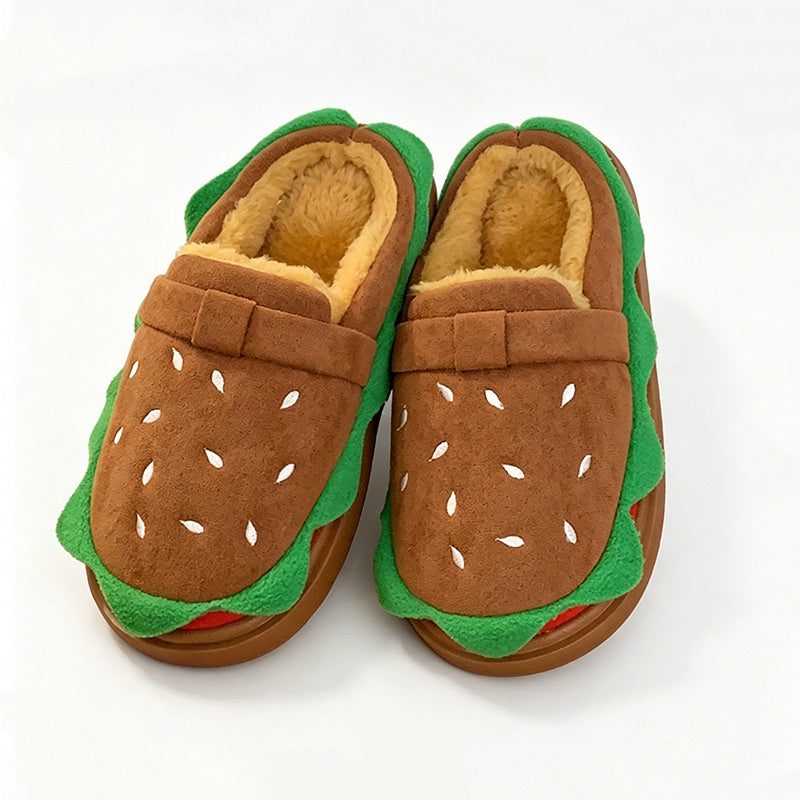 Cute brown burger design closed-back slippers with sesame bun and lettuce trim, plush indoor shoes with EVA sole