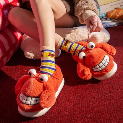 Cute orange crab plush slippers with protruding eyes, antennae and embroidered smile, fuzzy indoor shoes with EVA sole