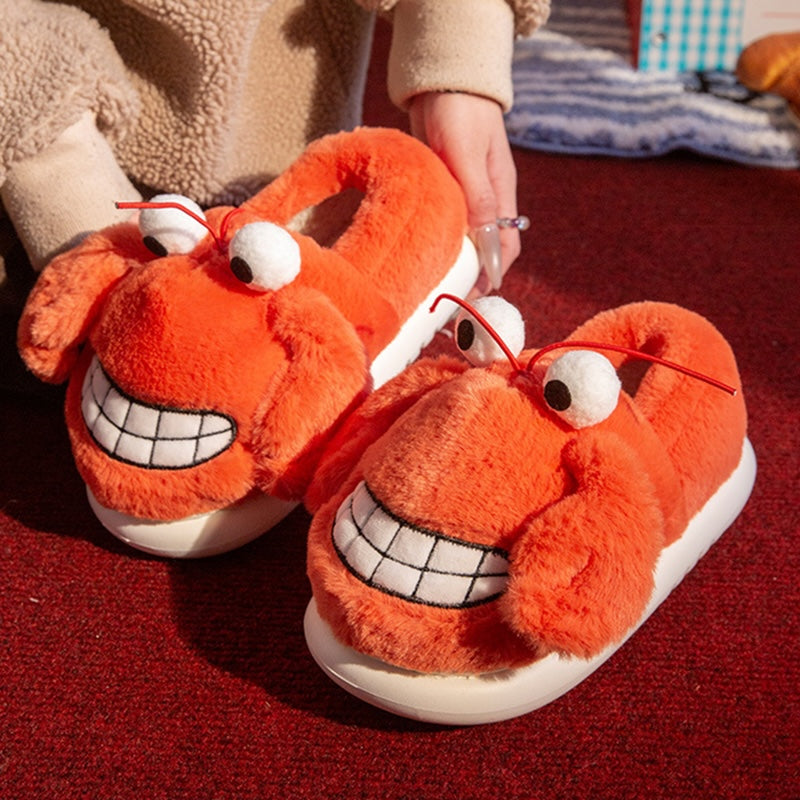 Cute orange crab plush slippers with protruding eyes, antennae and embroidered smile, fuzzy indoor shoes with EVA sole