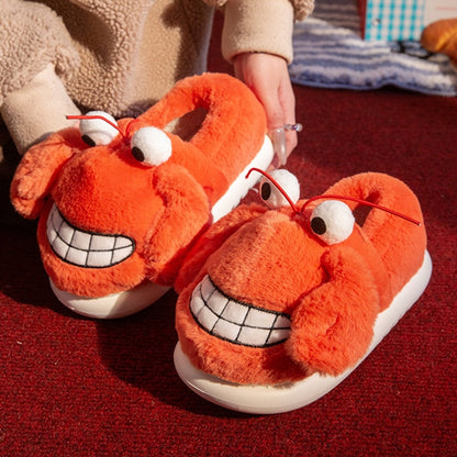 Cute orange crab plush slippers with protruding eyes, antennae and embroidered smile, fuzzy indoor shoes with EVA sole