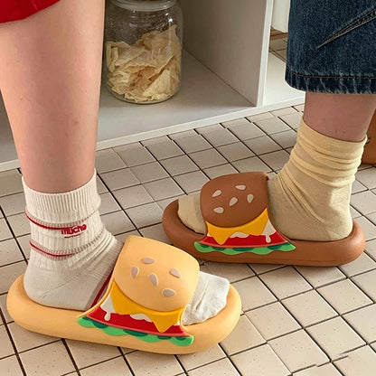 Cute yellow burger design EVA slide sandals with layered toppings and sesame bun, lightweight all-EVA indoor shoes