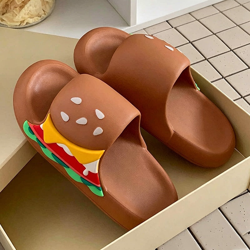 Cute brown burger design EVA slide sandals with layered toppings and sesame bun, lightweight all-EVA indoor shoes