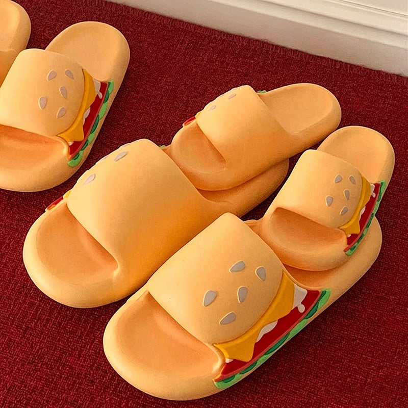 Cute yellow burger design EVA slide sandals with layered toppings and sesame bun, lightweight all-EVA indoor shoes