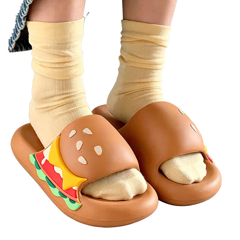 Cute brown burger design EVA slide sandals with layered toppings and sesame bun, lightweight all-EVA indoor shoes