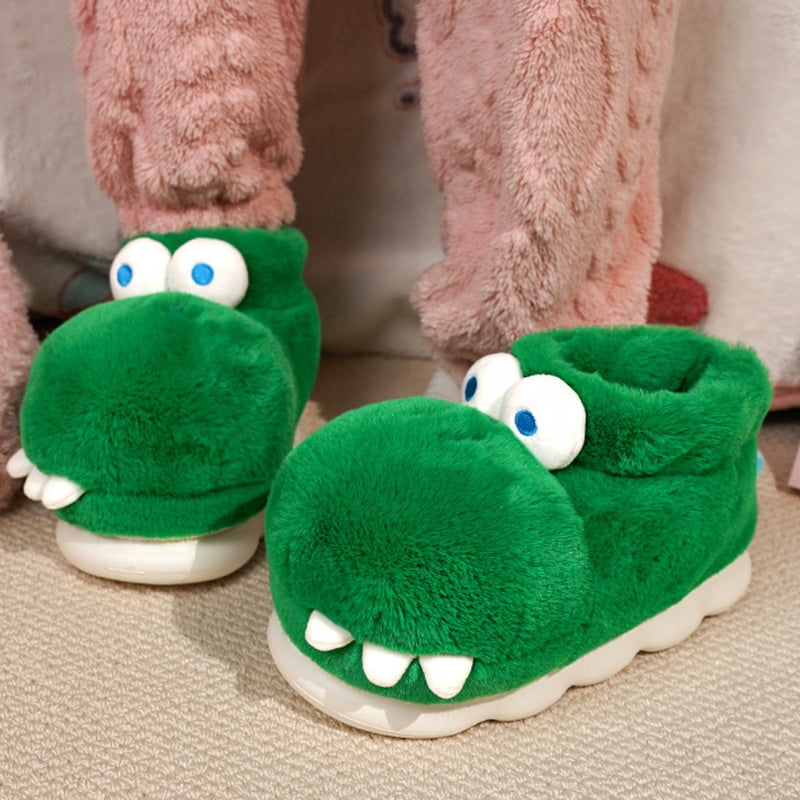 Green crocodile plush slippers with 3D eyes and white teeth, EVA sole