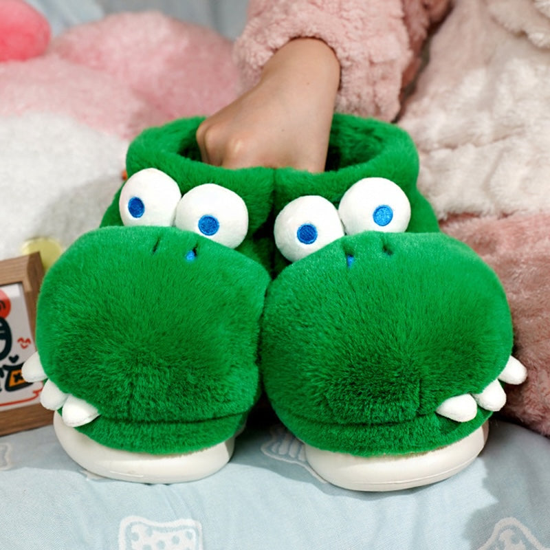 Green crocodile plush slippers with 3D eyes and white teeth, EVA sole