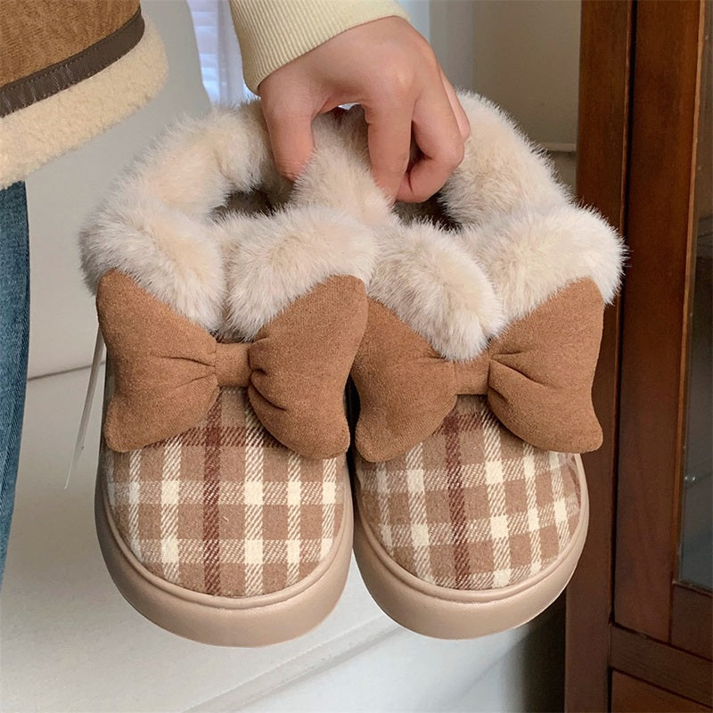 Cute brown checkered closed-back plush slippers with plush bow and fuzzy collar, indoor shoes with EVA sole