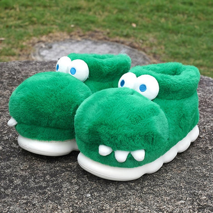 Green crocodile plush slippers with 3D eyes and white teeth, EVA sole