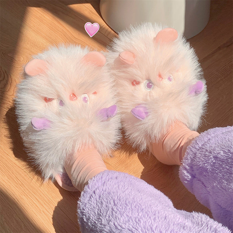 Extra fluffy pink sprite character plush slippers featuring purple ears and soft cheek patches, cozy indoor footwear with PVC sole