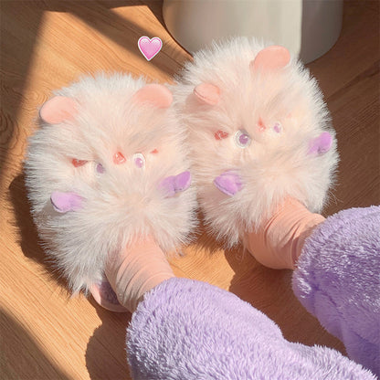 Extra fluffy pink sprite character plush slippers featuring purple ears and soft cheek patches, cozy indoor footwear with PVC sole
