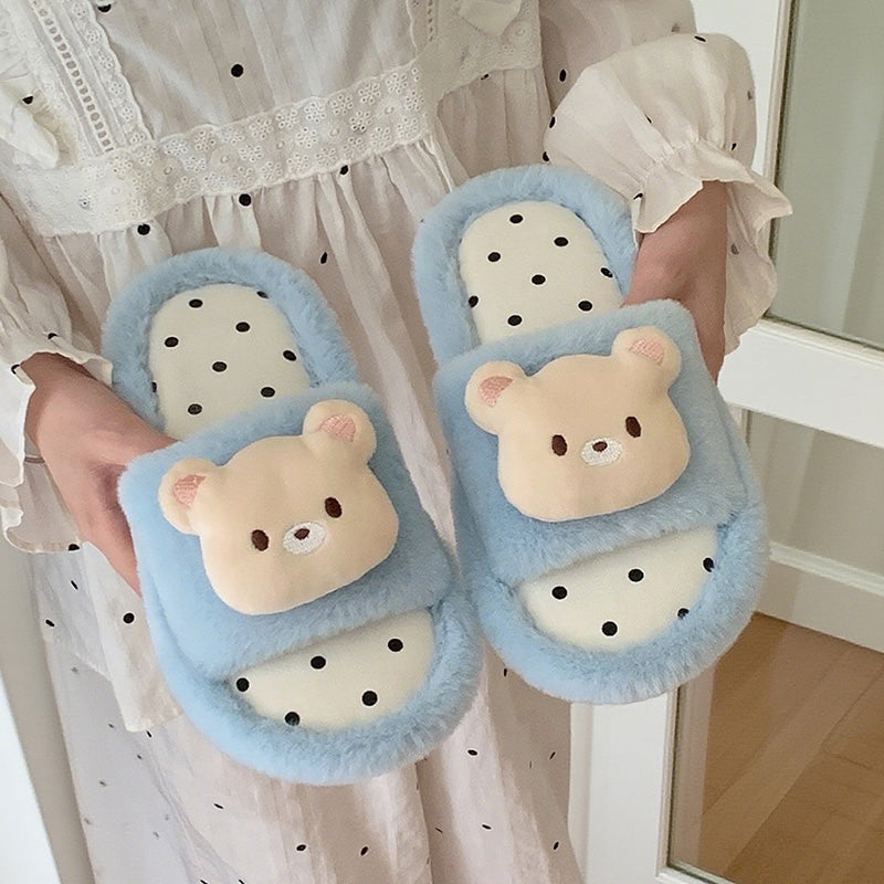 Cute sky blue fuzzy slide slippers with 3D bear charm and polka dot footbed, indoor shoes with EVA sole