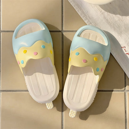 Cute light blue ice cream EVA slide sandals with colorful sprinkles and melted design, lightweight indoor slip-on shoes