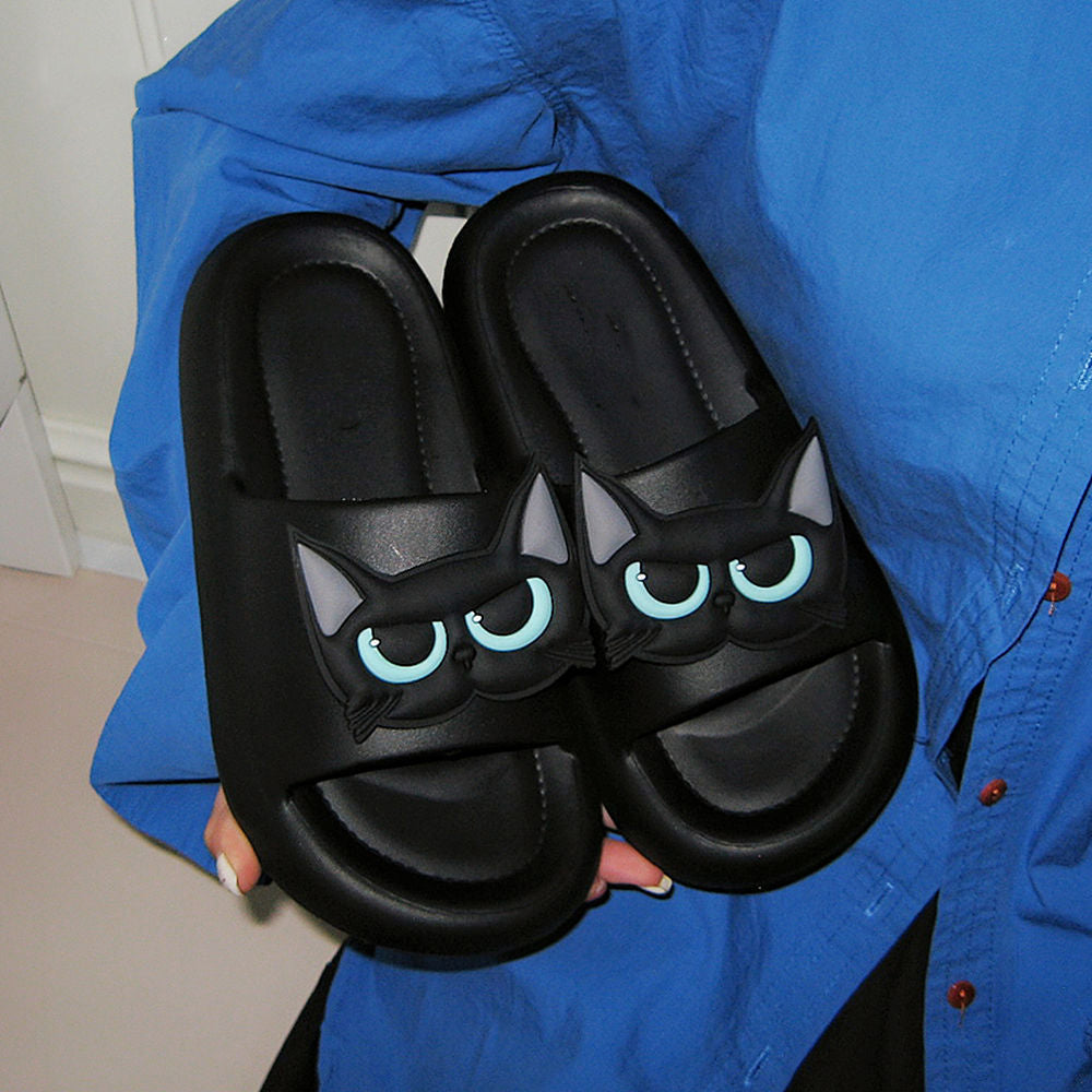 Cute black EVA slippers with 3D cat face and blue eyes, slip-on summer sandals
