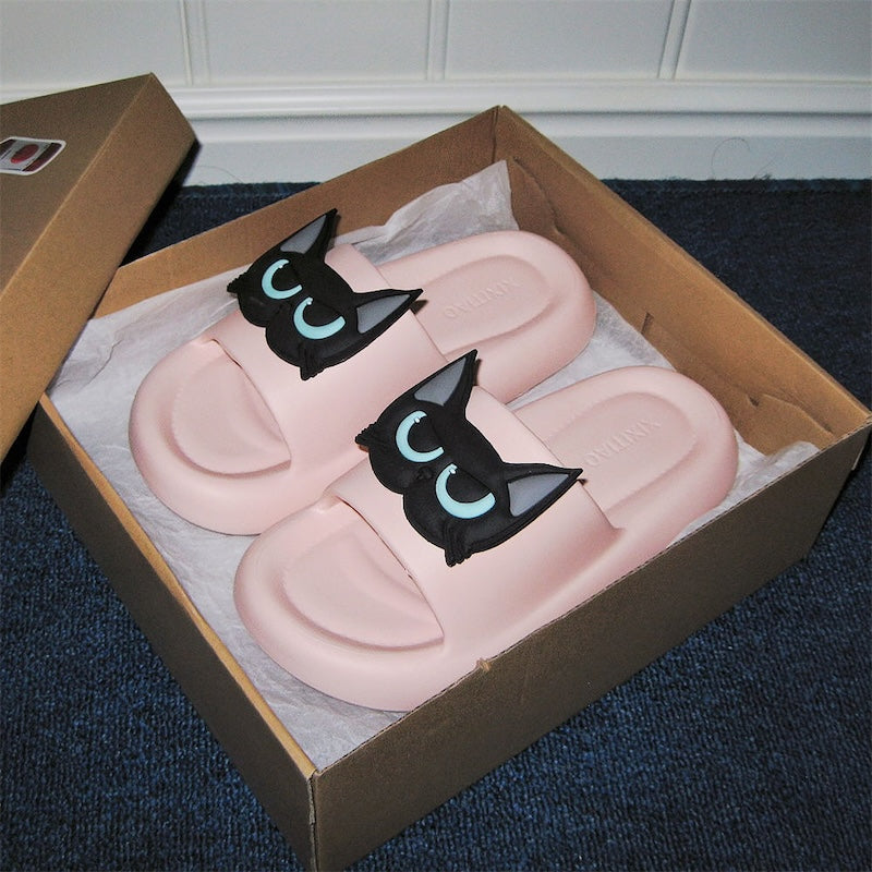 Cute pink EVA cat face slide sandals with 3D blue eyes, summer slippers for indoor and outdoor