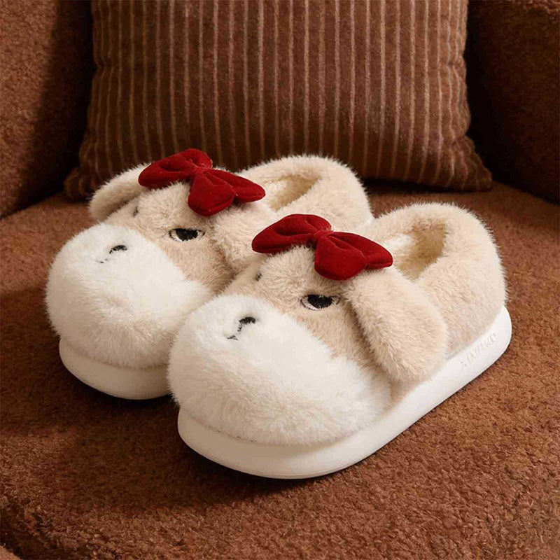 Cute khaki dog plush slippers with floppy ears, closed eyes, and removable red bow, fuzzy indoor shoes with EVA sole