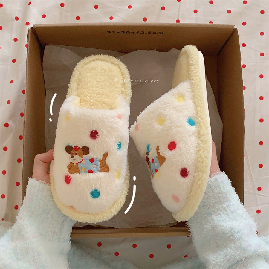 Autumn/Winter Cute Cartoon Polka Dot Embroidery Dachshund Dog Slippers