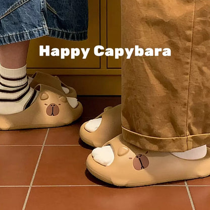 Cute brown capybara EVA slide sandals with 3D ears and printed face, lightweight indoor slip-on shoes