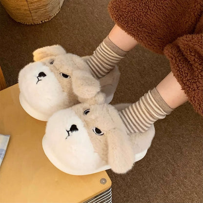 Cute khaki dog plush slippers with floppy ears and embroidered closed eyes, closed-back fuzzy indoor shoes with EVA sole