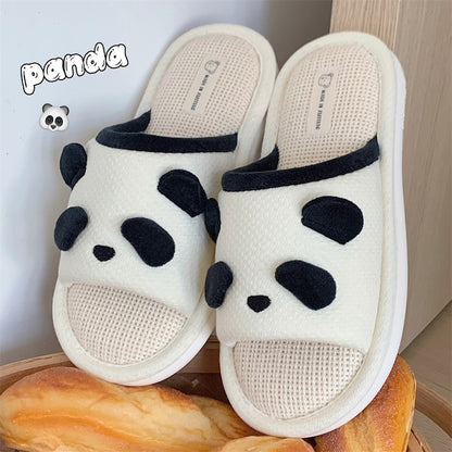 Cute white panda face linen slippers with black ears and eyes, breathable fabric indoor shoes with PVC sole