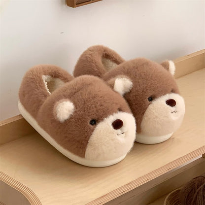 Cute light brown bear design closed-back plush slippers with white muzzle and white inner ears, indoor shoes with EVA sole