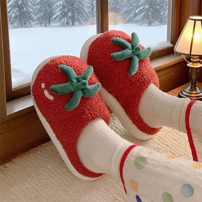 Cute red tomato plush slippers with green leaves and smiley face, fuzzy textured indoor shoes with EVA sole