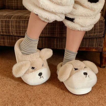 Cute khaki dog plush slippers with floppy ears and winking face, fuzzy indoor shoes with EVA sole