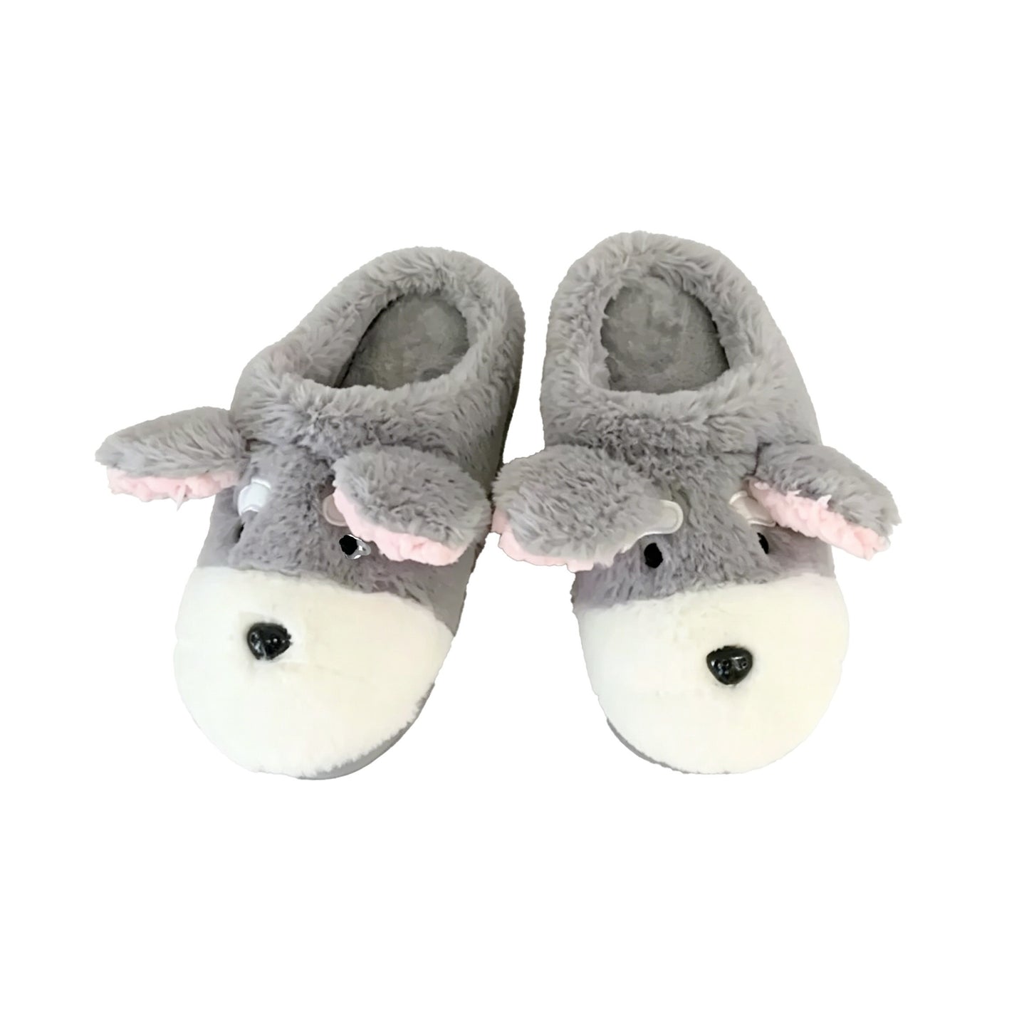Cute grey and white dog plush slippers with large floppy ears and pink inner lining, fuzzy indoor shoes with TPR sole