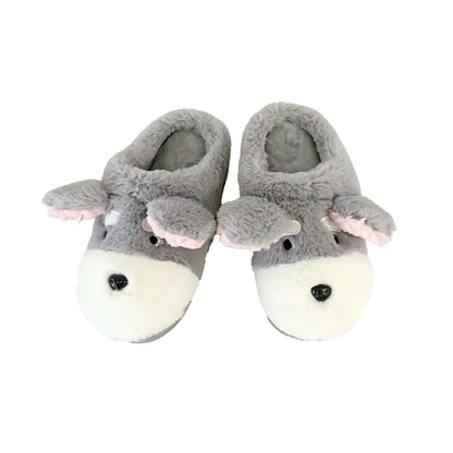 Cute grey and white dog plush slippers with large floppy ears and pink inner lining, fuzzy indoor shoes with TPR sole