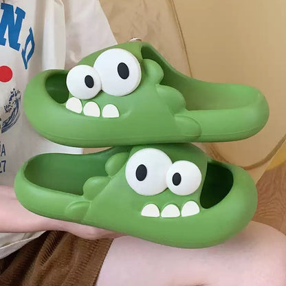 Cute green dinosaur EVA slide sandals with big eyes and teeth, lightweight indoor slip-on shoes