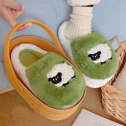 Cute light green sheep plush slippers with white fluffy trim and appliqué sheep design, indoor shoes with EVA sole