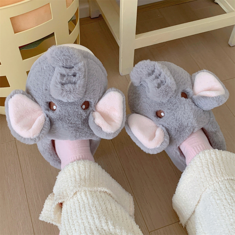 Cute grey elephant plush slippers with pink inner ears and trunk, closed-back fuzzy indoor shoes with EVA sole