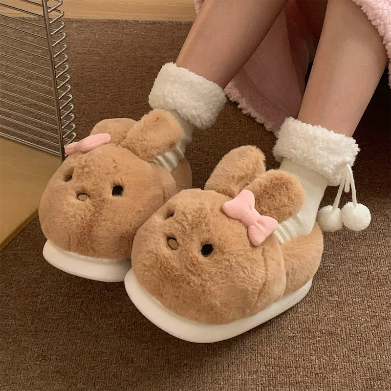 Cute brown bunny plush slippers with pink bow and floppy ears, closed-back fuzzy indoor shoes with EVA sole