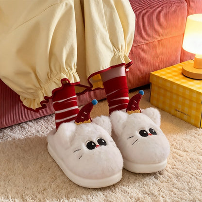 Cute white clown cat plush slippers with red hat, blue pom-pom, and red nose, fuzzy indoor shoes