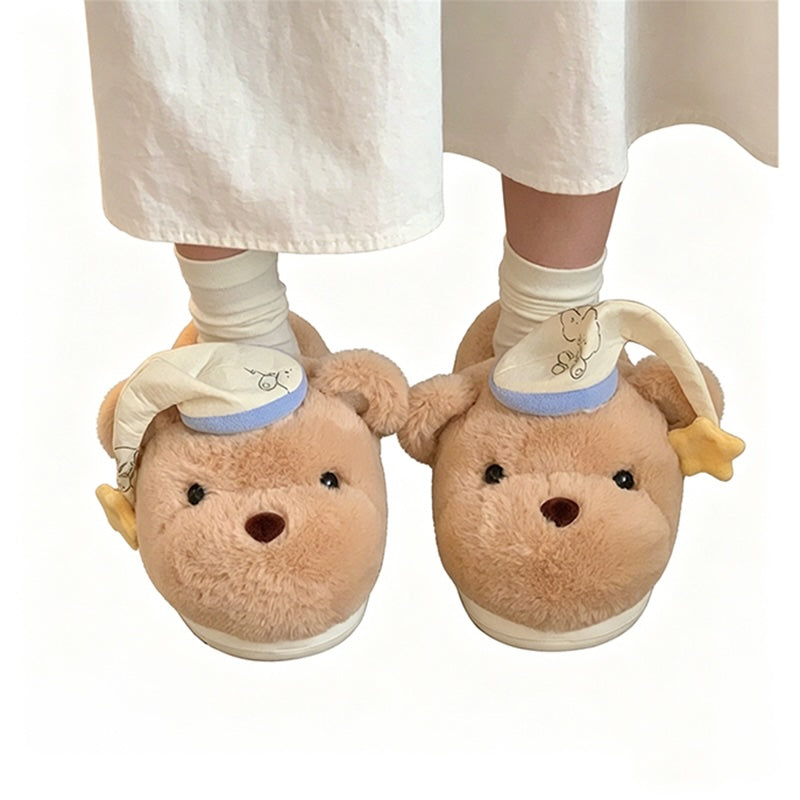 Cute khaki bear plush slippers with blue and white fabric hat and tiny smile, indoor shoes with EVA sole