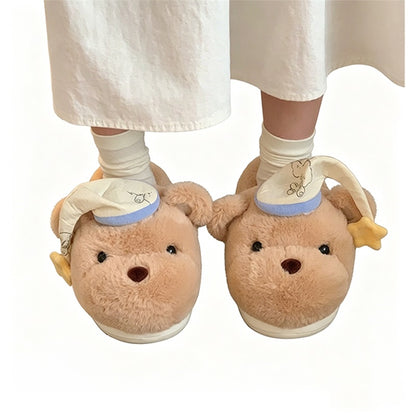 Cute khaki bear plush slippers with blue and white fabric hat and tiny smile, indoor shoes with EVA sole