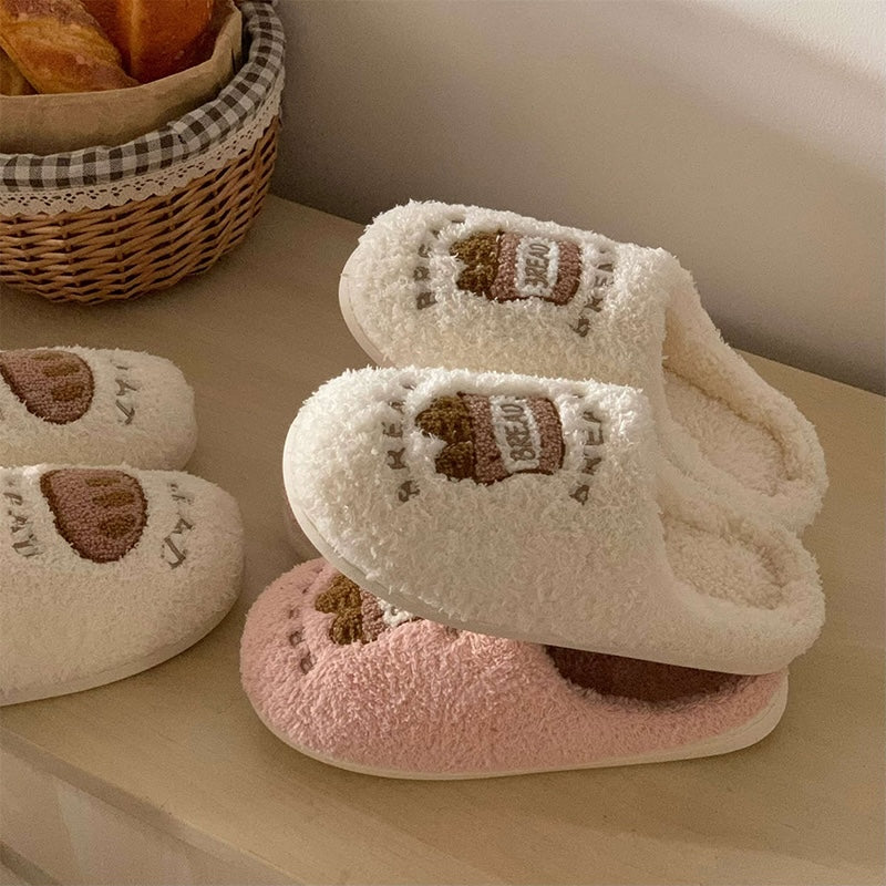 Cute white plush slippers with embroidered baguette patch, fuzzy indoor shoes with EVA sole