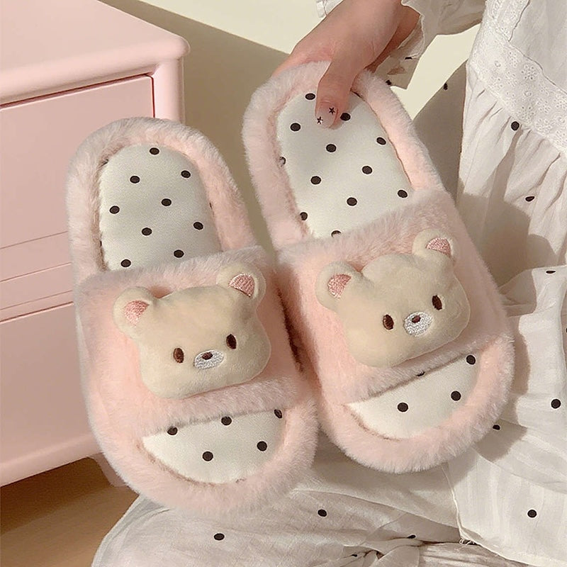 Cute pink fuzzy slide slippers with 3D bear charm and polka dot footbed, indoor shoes with EVA sole