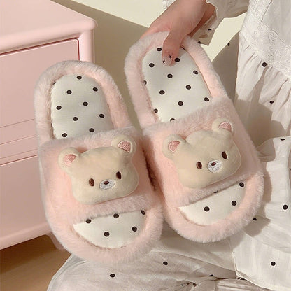 Cute pink fuzzy slide slippers with 3D bear charm and polka dot footbed, indoor shoes with EVA sole