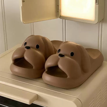 Cute brown 3D dog EVA slide sandals with big nose and floppy ears, lightweight indoor slip-on shoes