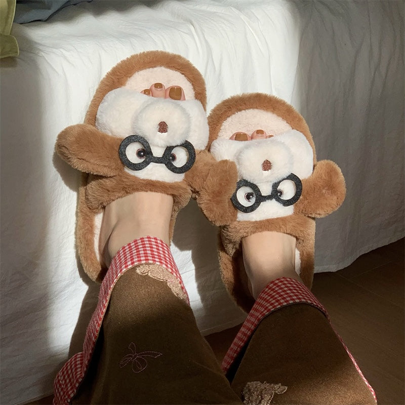 Cute brown monkey plush slide slippers with glasses and white muzzle, indoor shoes with EVA sole
